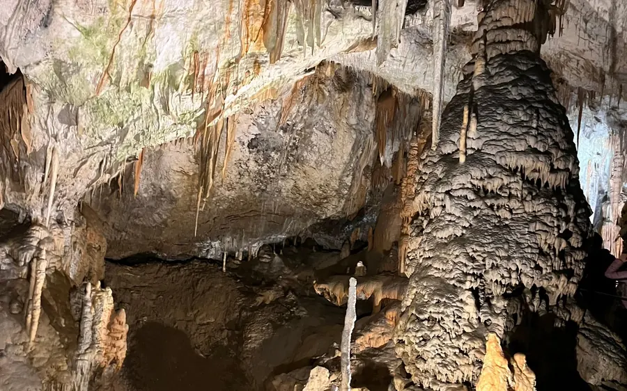 A small group walking the path inside Postojna Cave